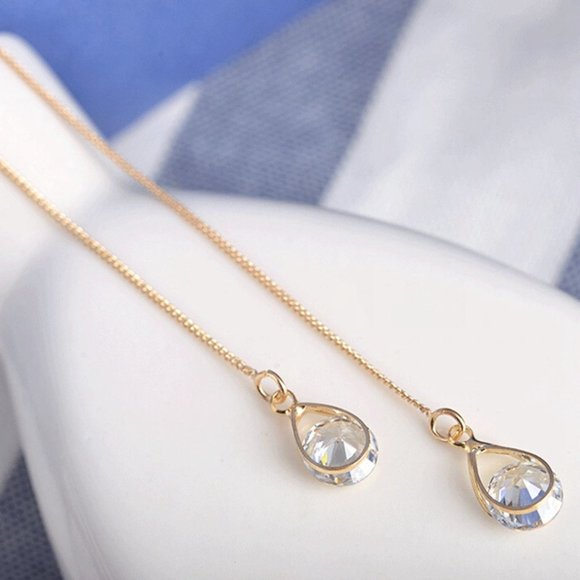 S925 Water Drop Chain Threader Earrings - Picture 4 of 11